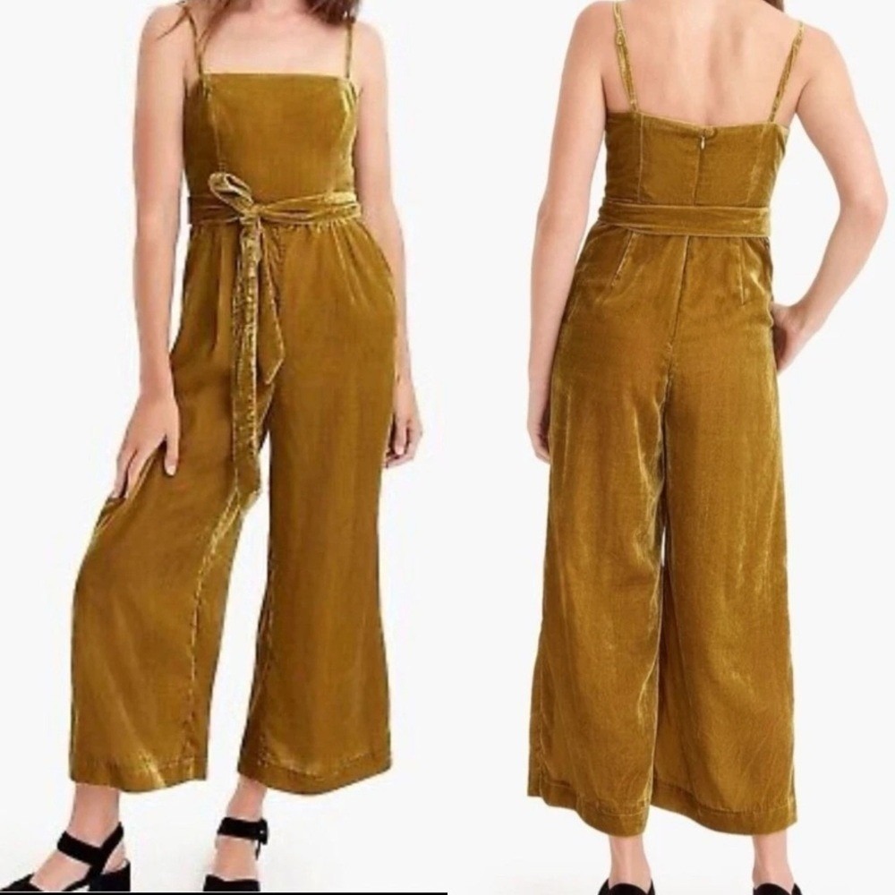 J. Crew 365 Marseille Crushed Velvet Jumpsuit Wide Leg Cropped‎ Belt Gold 12P